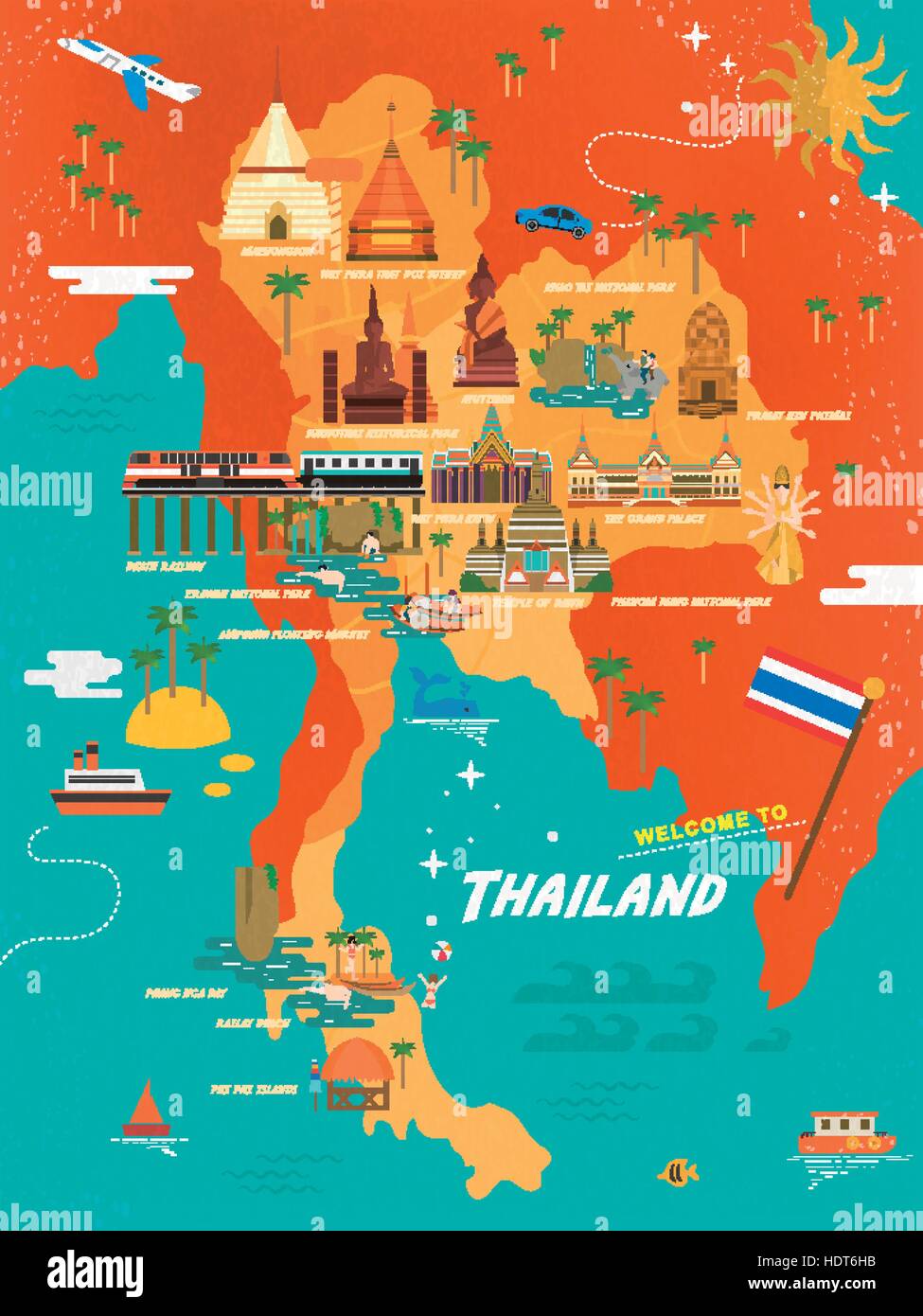 adorable Thailand travel concept poster in flat style Stock Vector