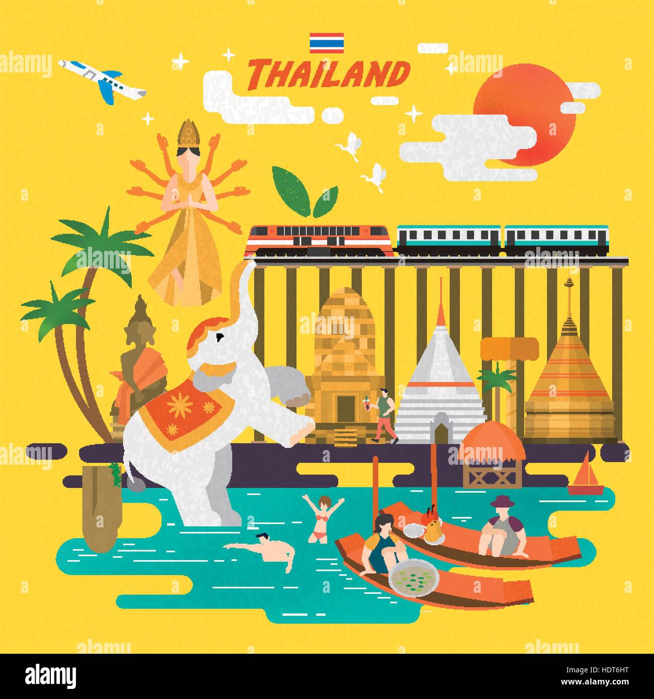 attractive Thailand travel concept poster in flat style Stock Vector