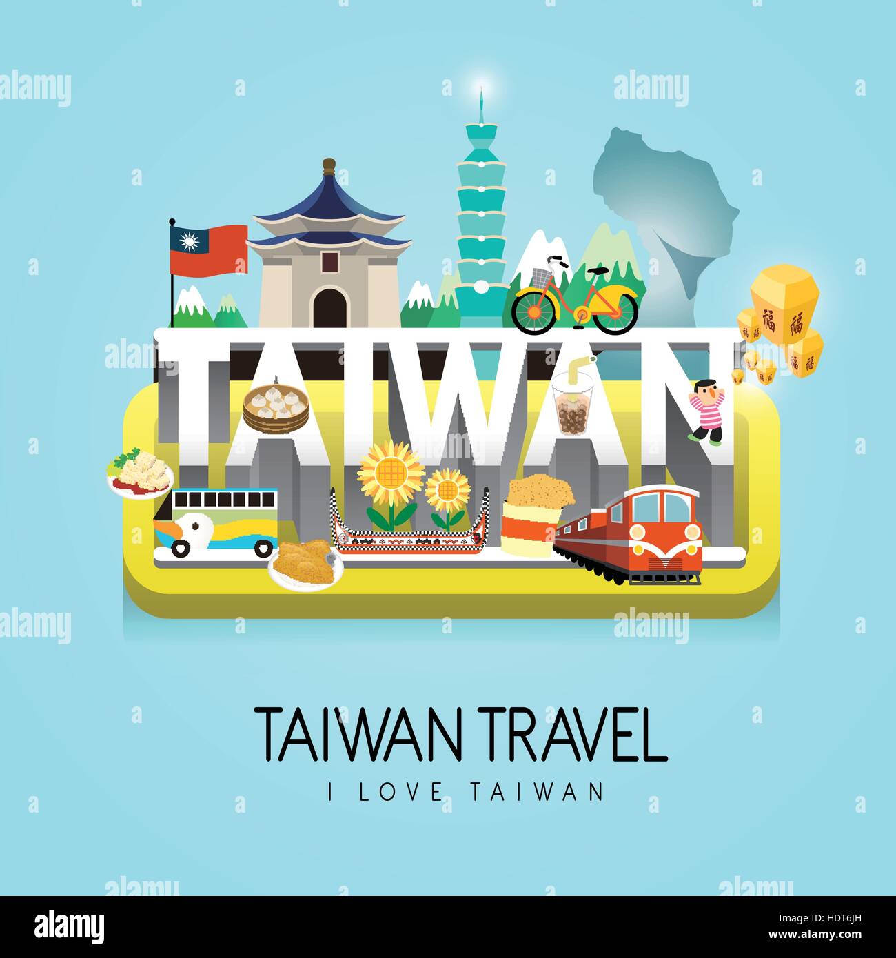 Taiwan travel concept poster blessing word in chinese on the sky
