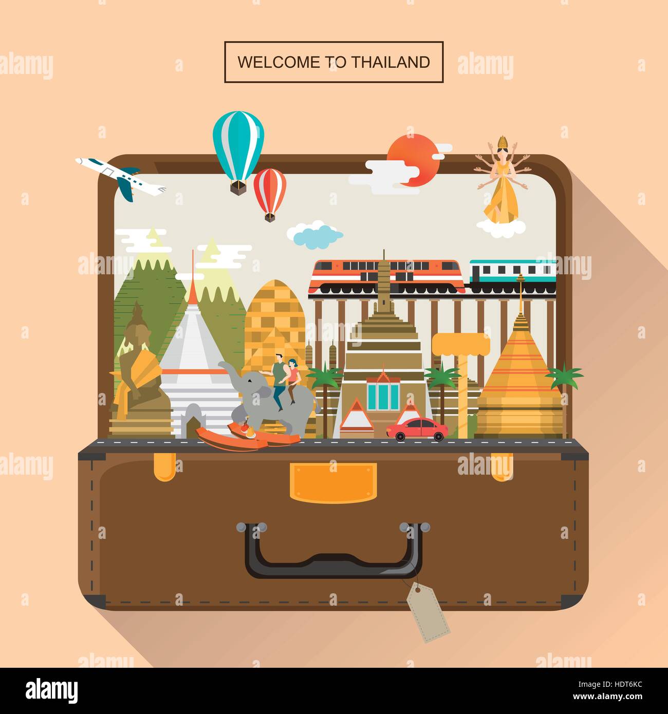 adorable Thailand travel poster with attractions in luggage Stock Vector