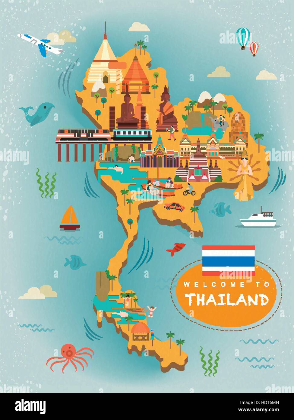 adorable Thailand travel concept poster in flat style Stock Vector