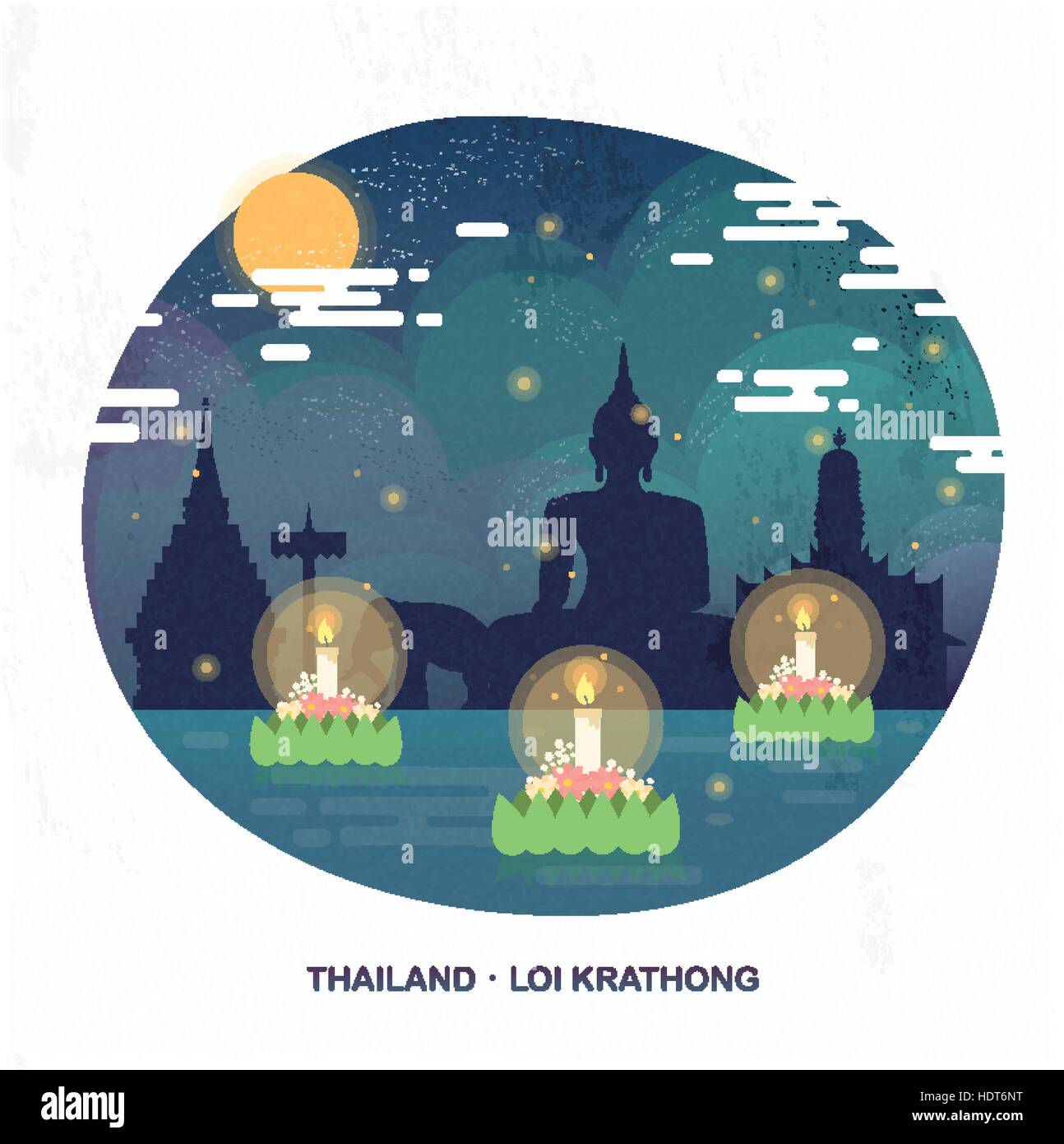 Thailand Loy Krathong concept poster in flat style Stock Vector