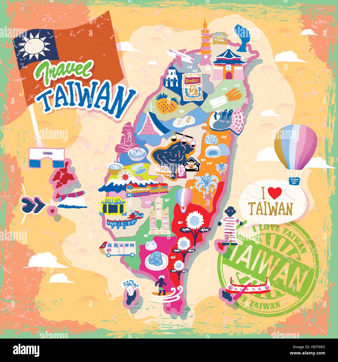 Taiwan travel map with attractions and specialties Stock Vector