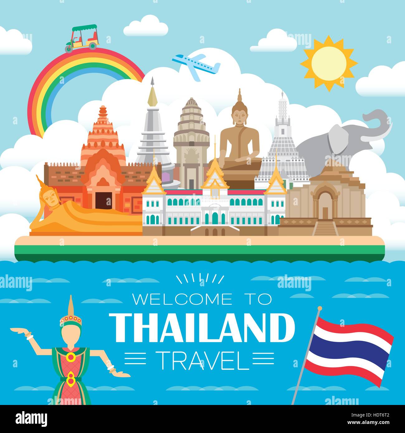 adorable Thailand travel concept poster in flat style Stock Vector