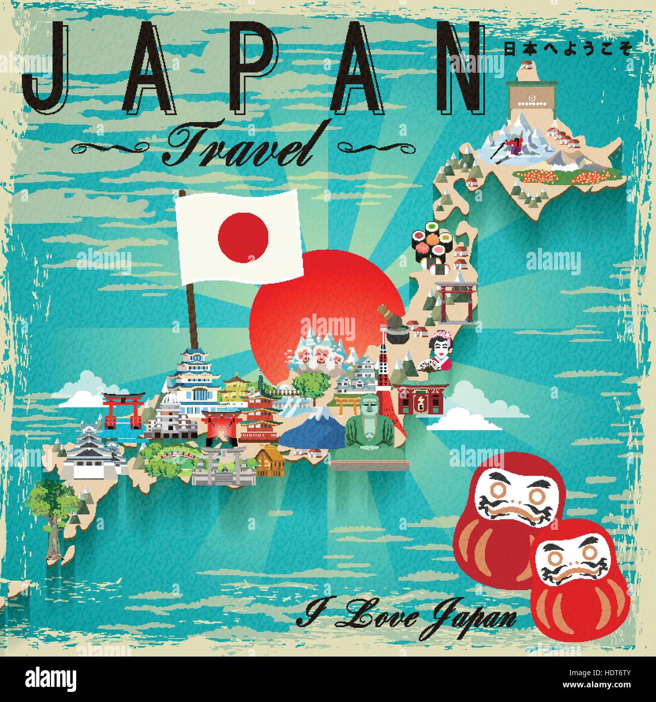 attractive Japan travel map design - Welcome to Japan in Japanese words Stock Vector