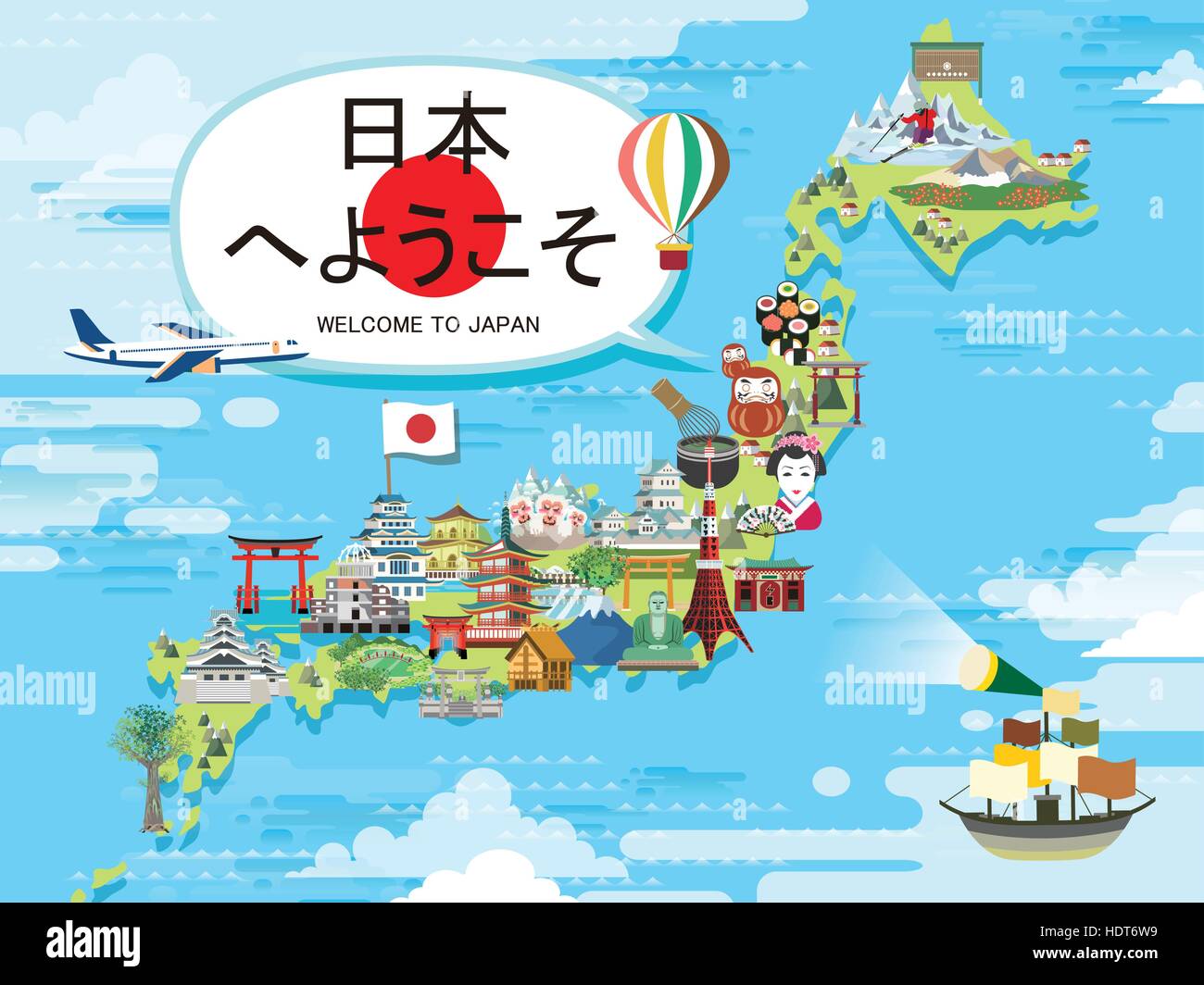 attractive Japan travel map design - Welcome to Japan in Japanese words Stock Vector