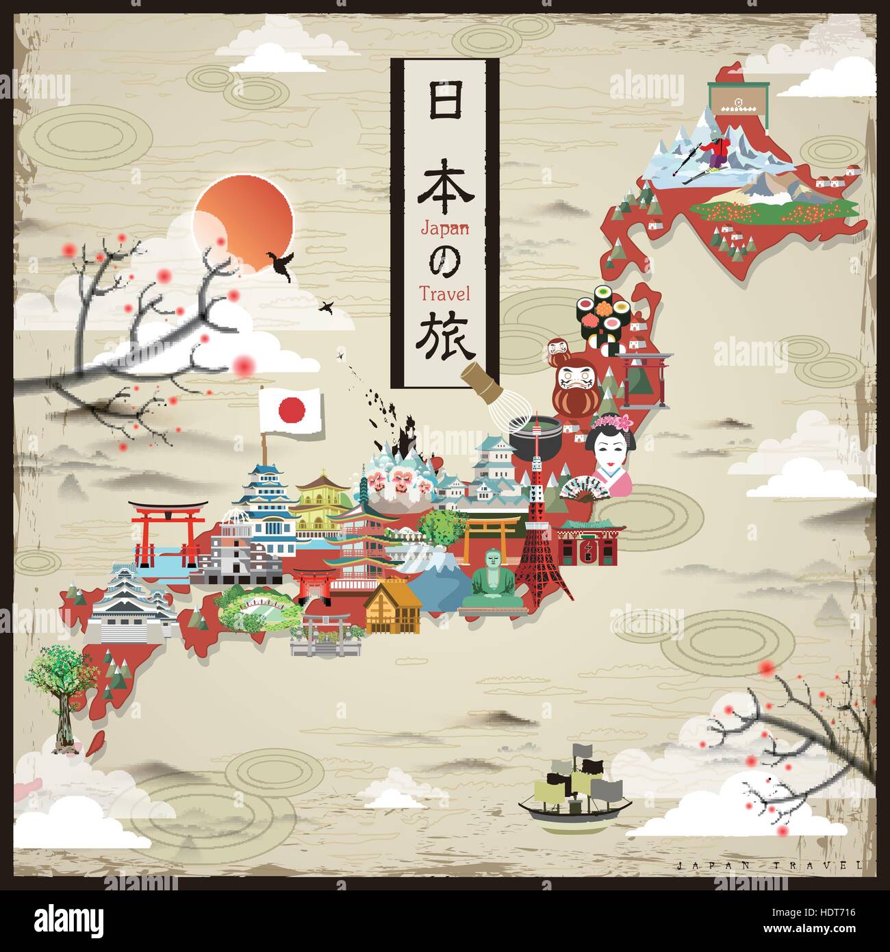 retro Japan travel map design - Japan travel in Japanese words Stock Vector