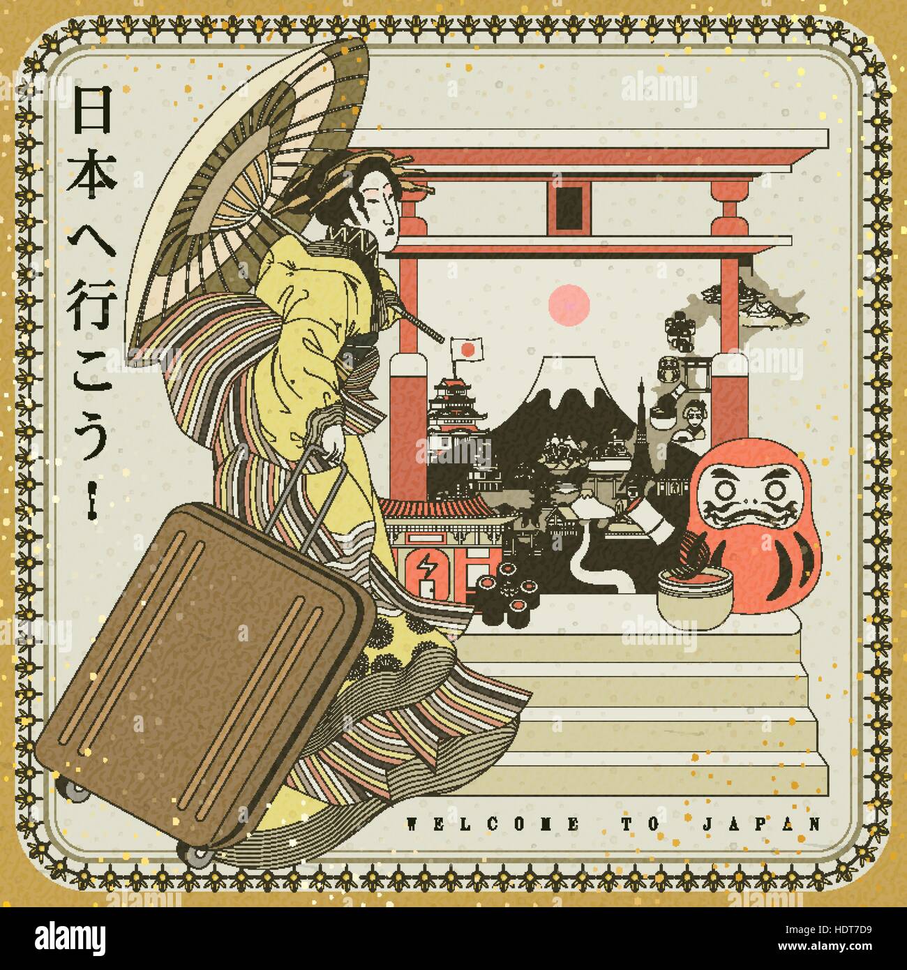 funny Japan travel poster with a geisha pulling luggage Go to Japan