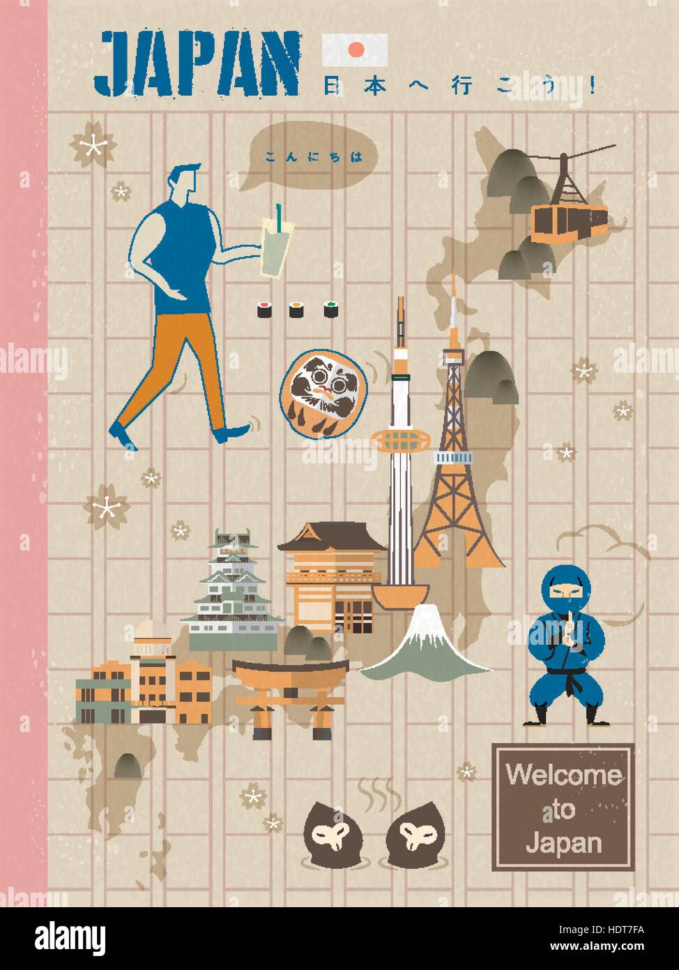 lovely Japan travel poster design - Go to Japan in Japanese words Stock Vector