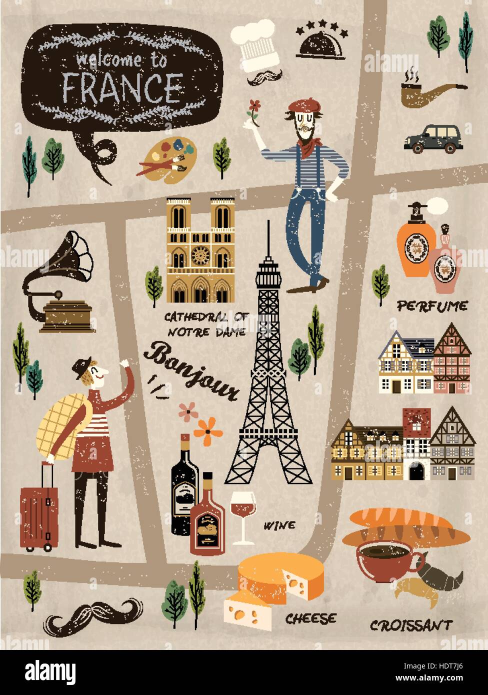France travel concept illustration map with attractions and Stock Vector