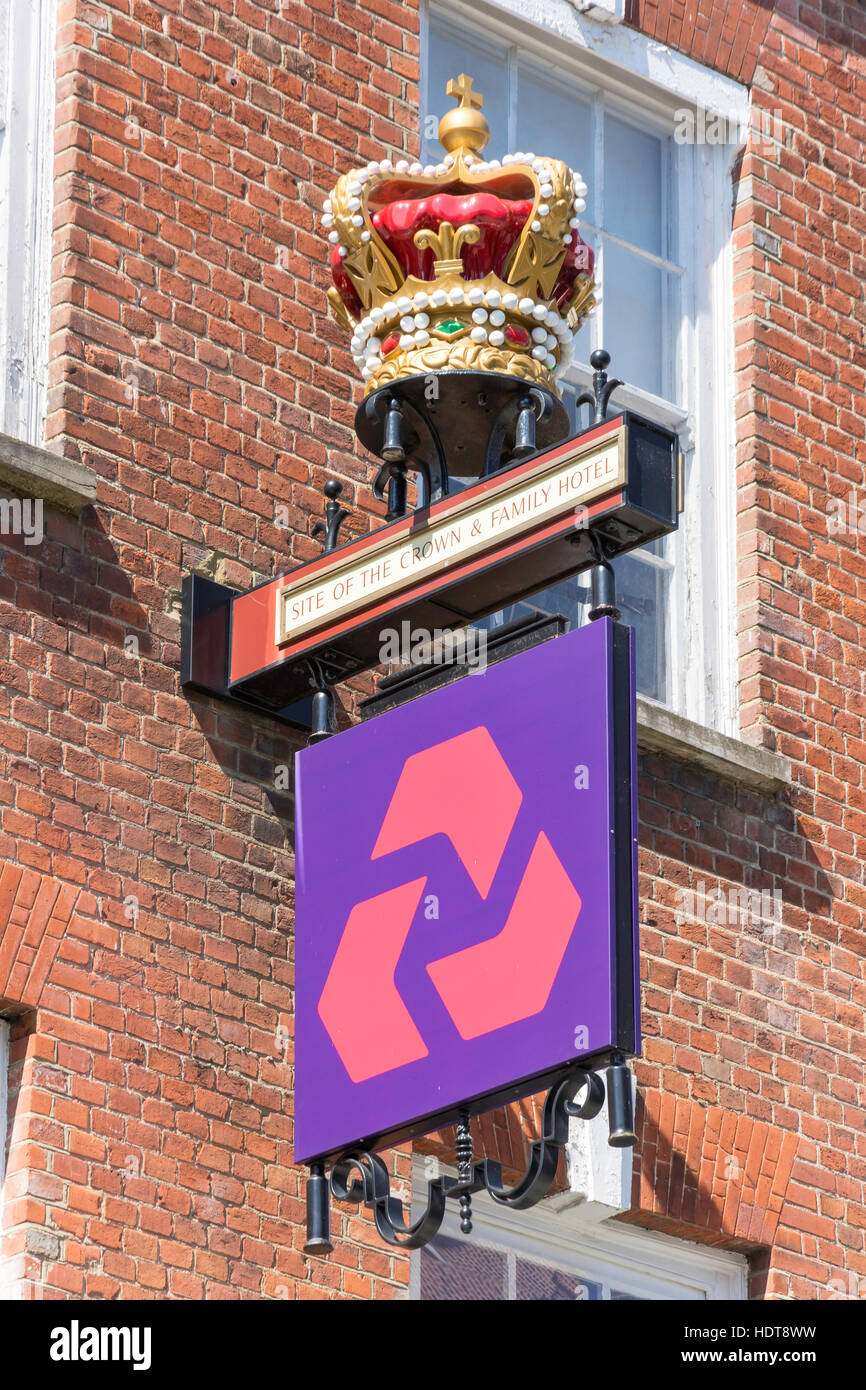 NatWest Bank sign on site of The Crown & Family Hotel, High Street, Guildford, Surrey, England, United Kingdom Stock Photo