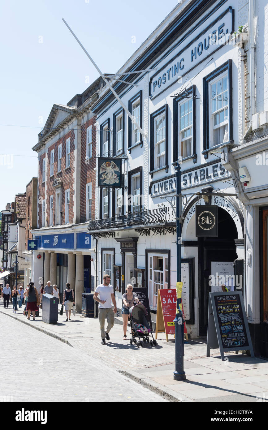 16th century The Angel Hotel and Gate, High Street, Guildford, Surrey, England, United Kingdom Stock Photo