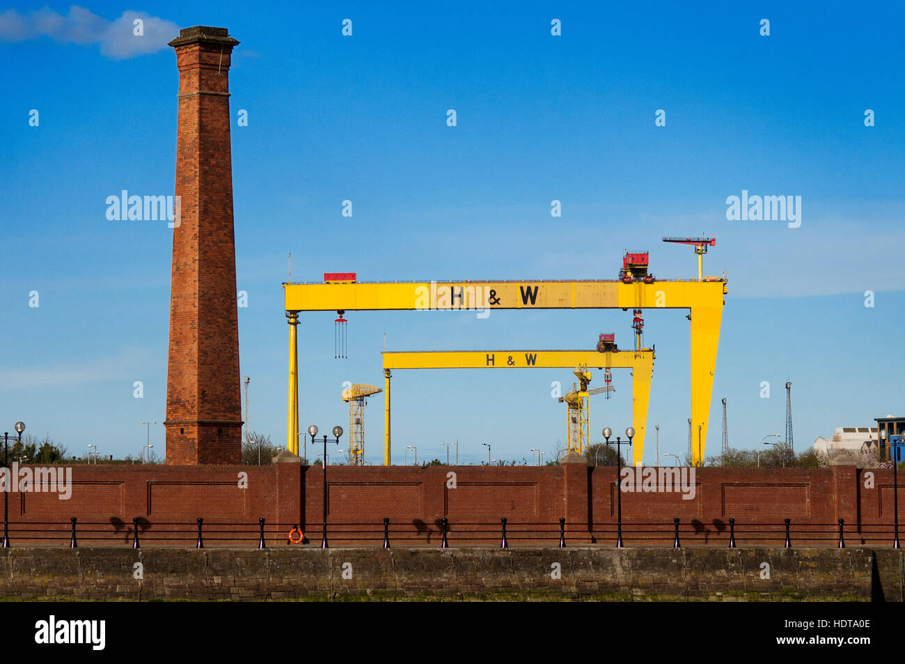 Sampson and Goliath, the famous landmarks of Harland and Wolff shipyard, Belfast, Northern Ireland, UK.  The Samson and Goliath gantry cranes have bec Stock Photo