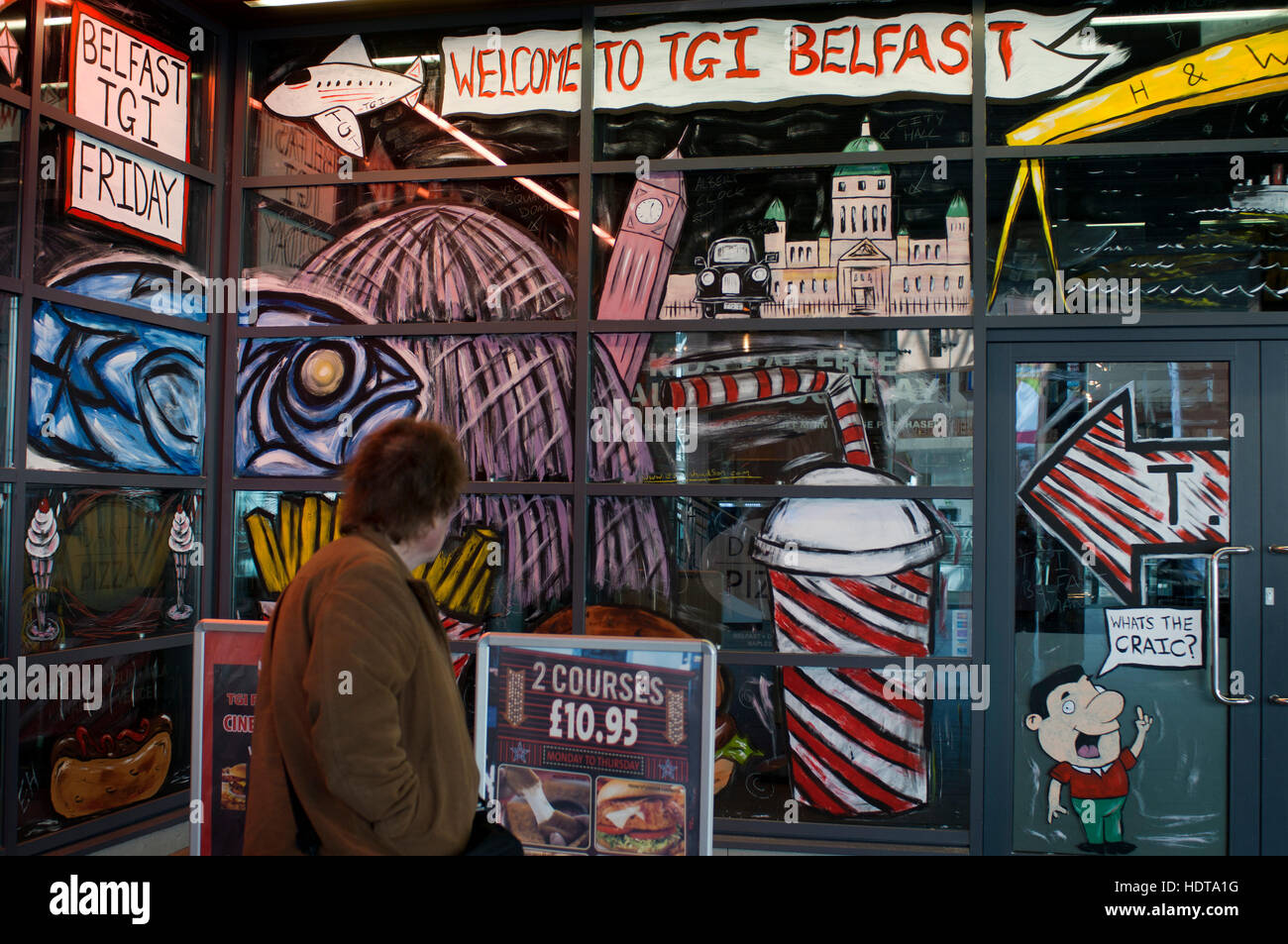 TGI Friday’s Belfast, one of the restaurants in Victoria Square Shopping Centre, Belfast city center, Northern Ireland, UK.  Victoria Square is a comm Stock Photo