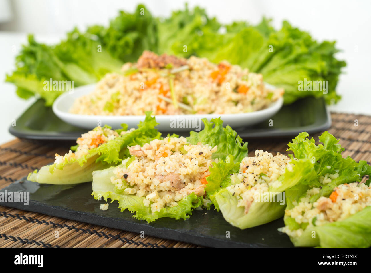 Tuna and Bulgar wheat lettuce wraps Stock Photo Alamy