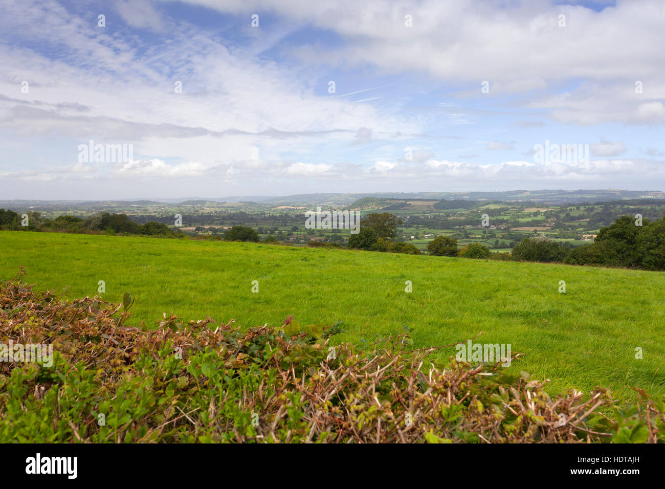 Looking towards North Wooton, Sticklinch and Glastonbury Tor from the hill at Pennard Hill Farm, Pilton, Somerset, UK Stock Photo