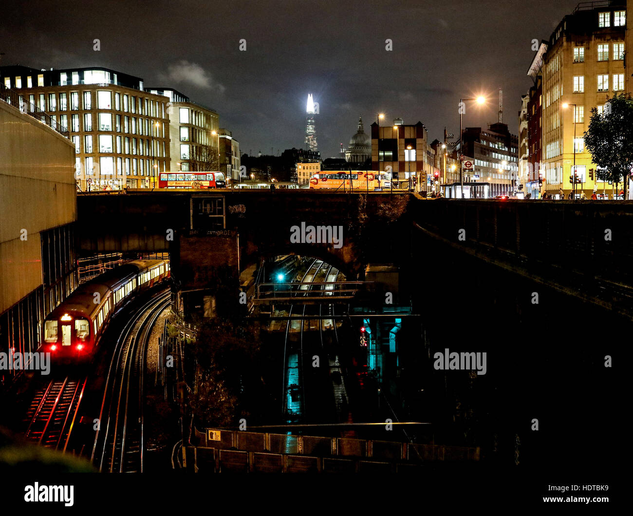 Farringdon Station tube train The Shard lit up night Stock Photo Alamy