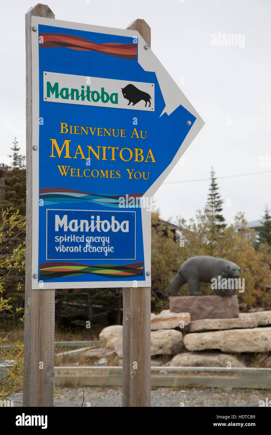 A sign welcomes visitors to Manitoba, Canada. Stock Photo