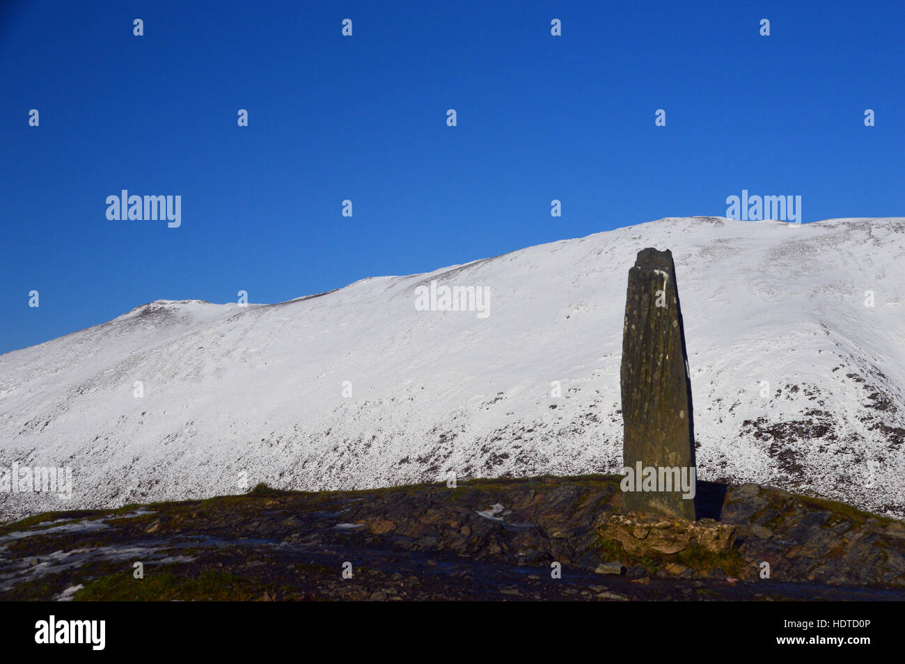 The Stone Scout Memorial on Dodd Fell with Ullock Pike & Longside Behind in Winter, Lake District National Park, Cumbria, UK. Stock Photo