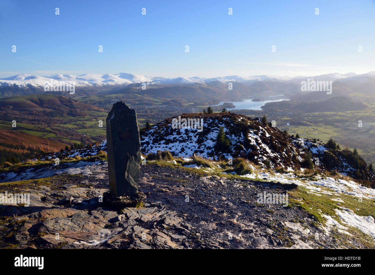 Looking Towards Derwent Water from the Stone Scout Memorial on Dodd Fell in Winter, Lake District National Park, Cumbria, UK. Stock Photo