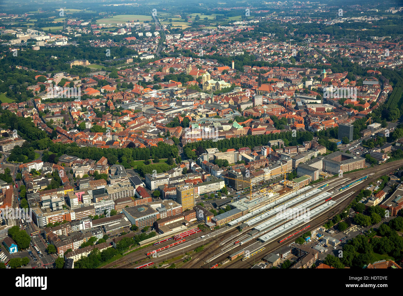 Aerial photograph, central station and historic centre, Münster, Münsterland, North Rhine-Westphalia, Germany Stock Photo