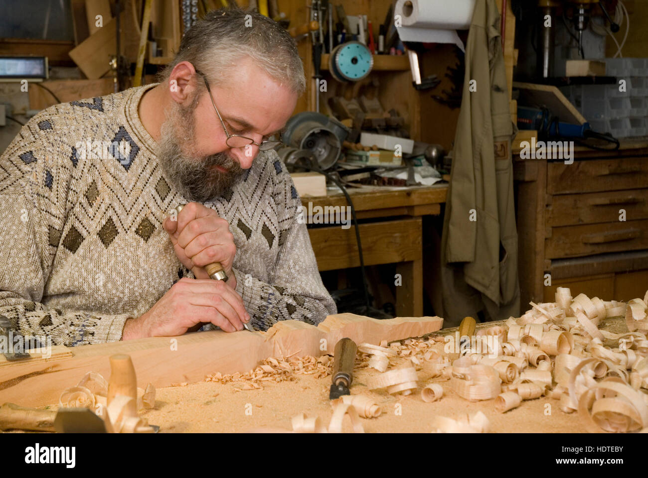 Man doing woodwork, Reichraming, Upper Austria, Europe Stock Photo