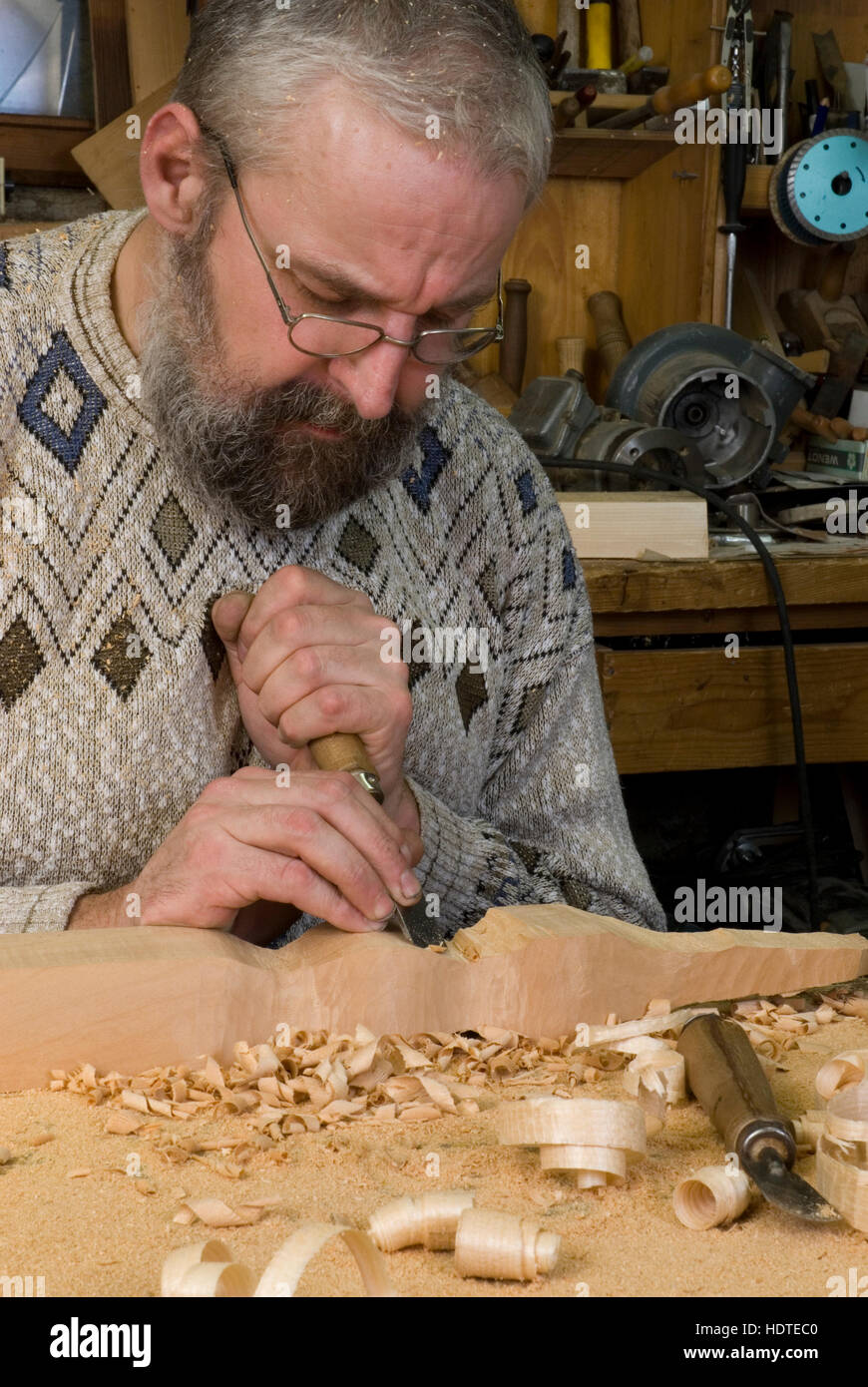 Man doing woodwork, Reichraming, Upper Austria, Europe Stock Photo