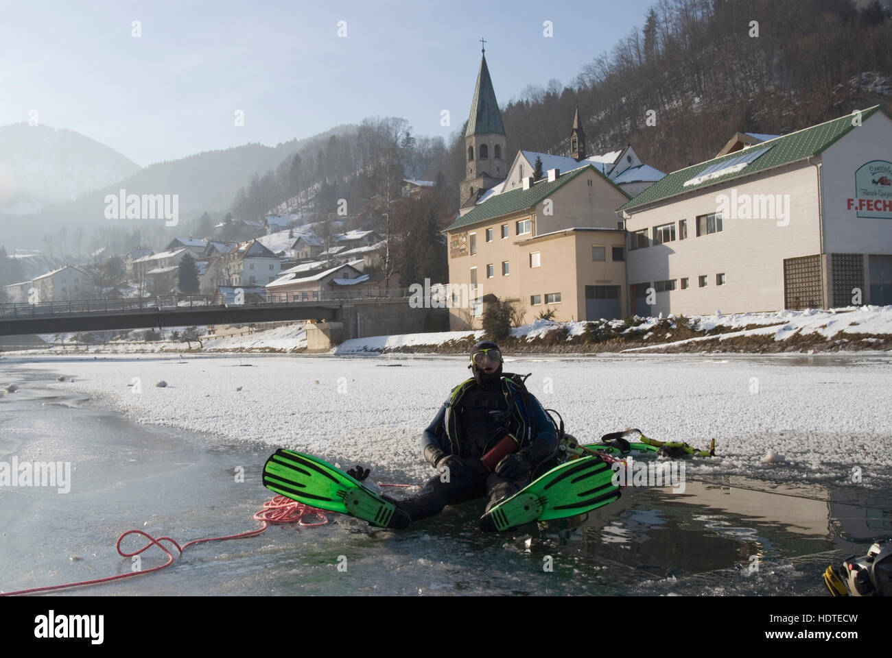 Getting everything ready for ice diving, Reichraming, Upper Austria, Austria, Europe Stock Photo