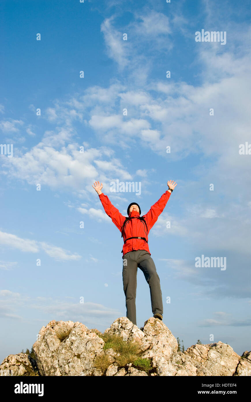 Man happy at reaching the summit, Reichraming, Upper Austria, Europe Stock Photo
