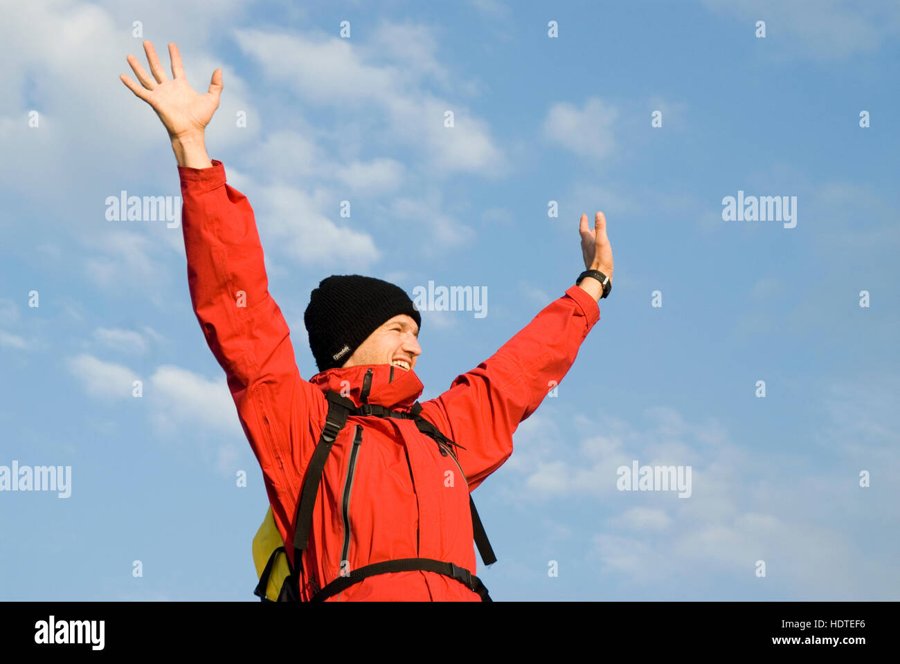 Man happy at reaching the summit, Reichraming, Upper Austria, Europe Stock Photo