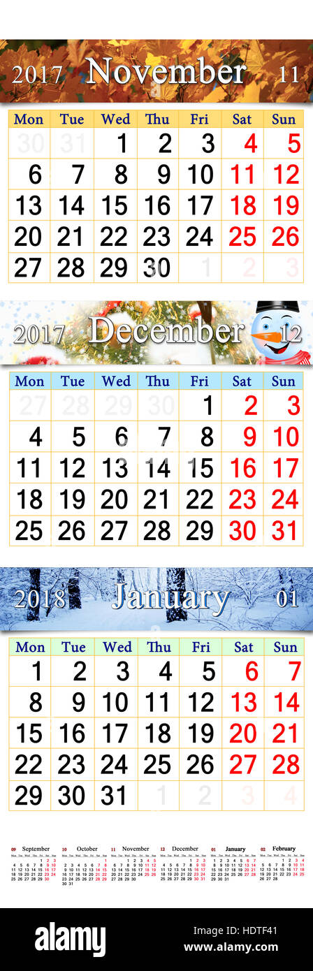 November December 2017 and January 2018 with colored pictures in form of triple calendar Stock Photo