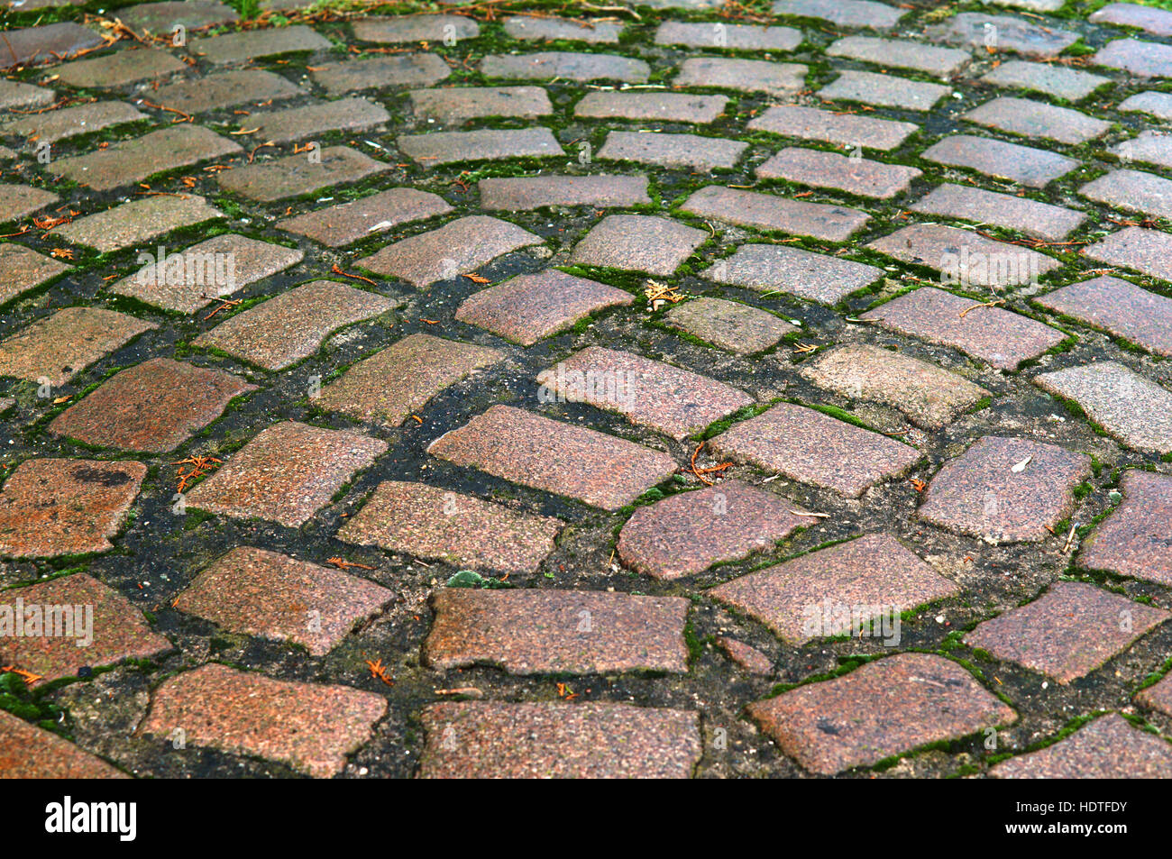 setts, red and grey hewn stones laid on the road Stock Photo