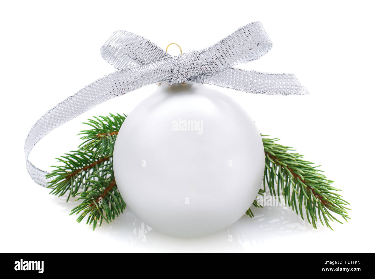 silver Christmas ball and fir branches isolated on white Stock Photo ...