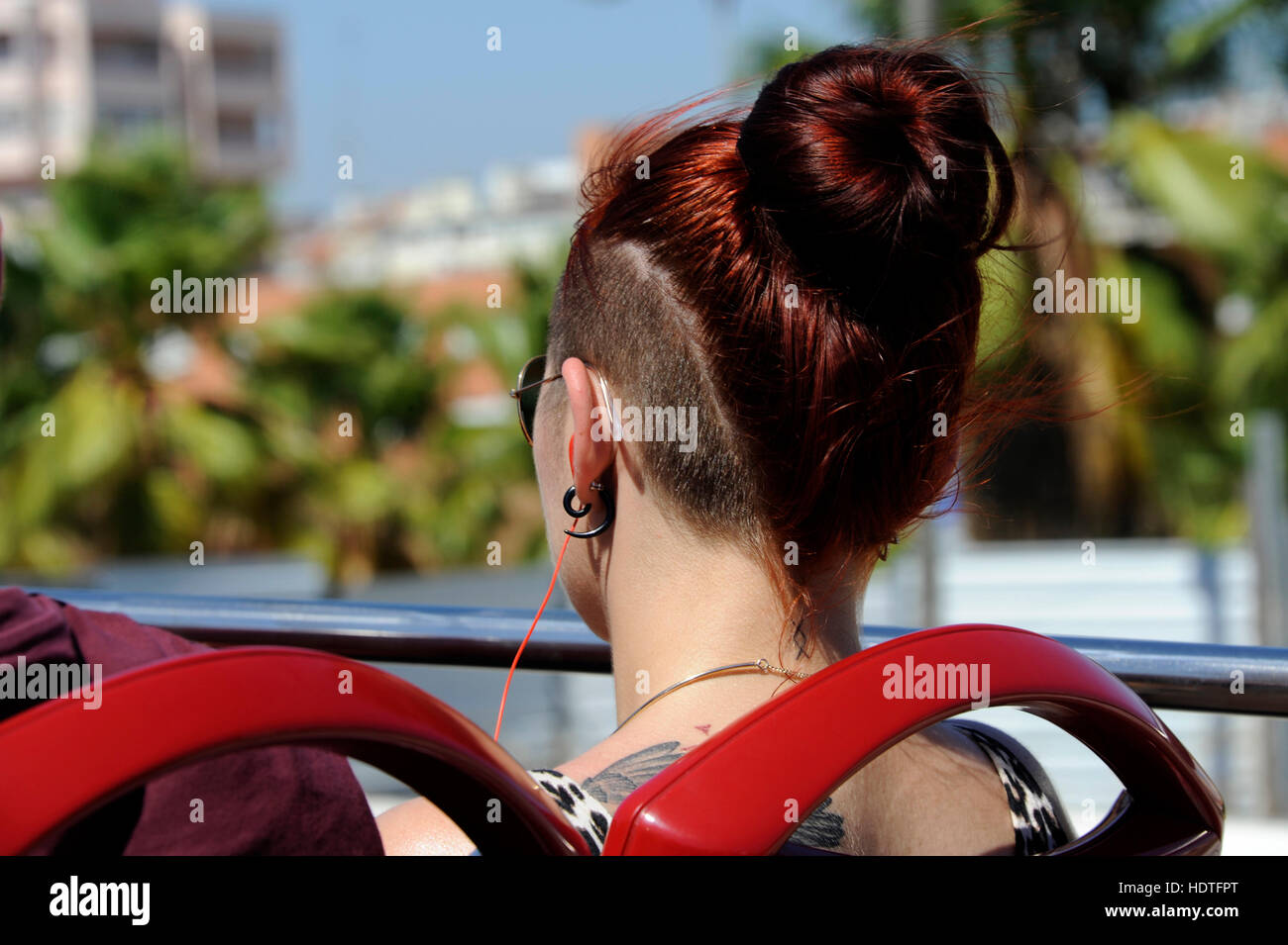 Bus tour with girl with red hair, Lisboa, Lisbon, Portugal Stock Photo