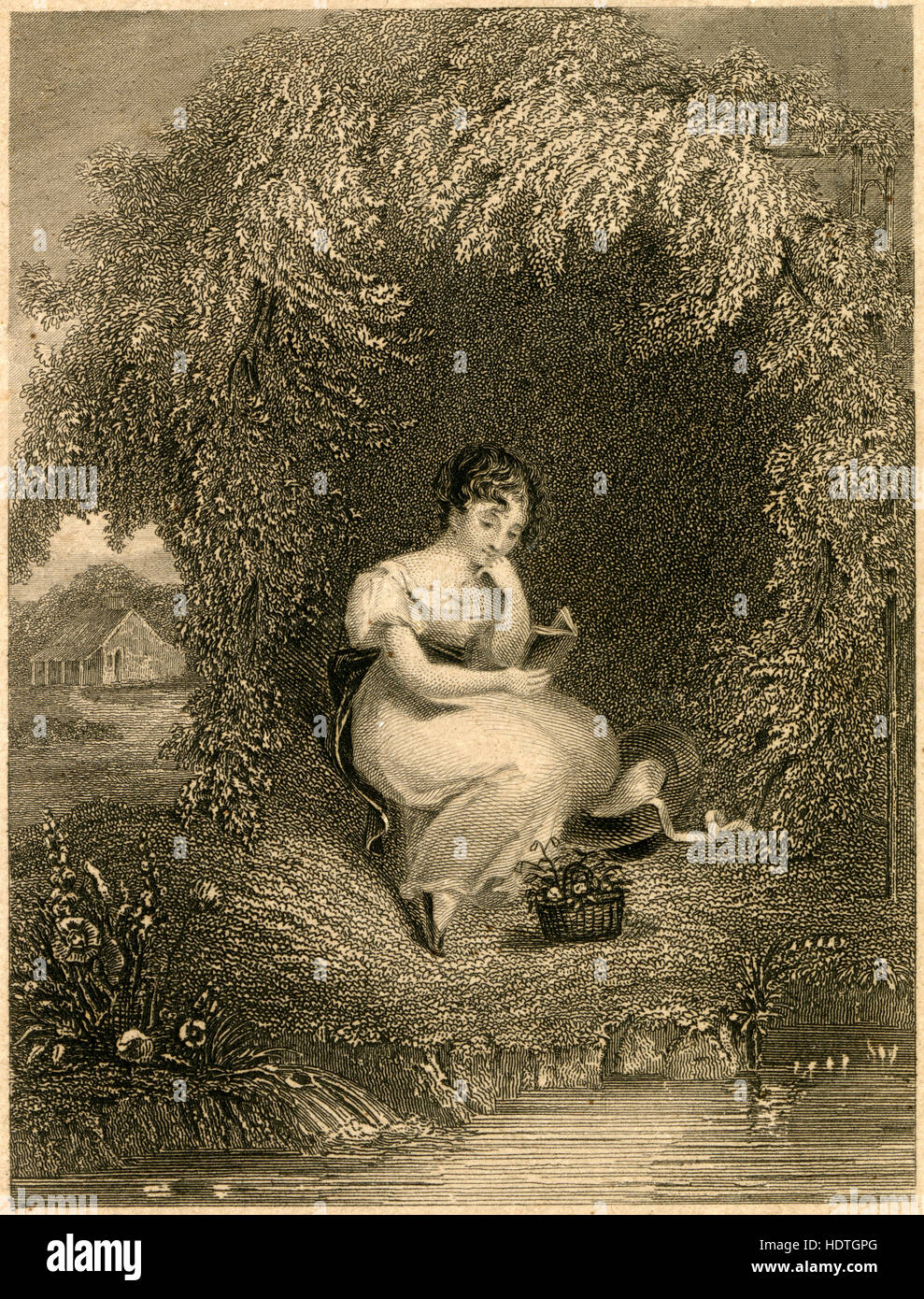 Antique c1840 engraving, The Flower Garden. 'Next after the blessed bible, a flower garden is to me the most eloquent of books—a volume teeming with instruction, consolation, and reproof' from 'The Snow-drop' by Charlotte Elizabeth. Charlotte Elizabeth Tonna (1790-1846) was a popular Victorian English writer and novelist who wrote as Charlotte Elizabeth. SOURCE: ORIGINAL ENGRAVING. Stock Photo