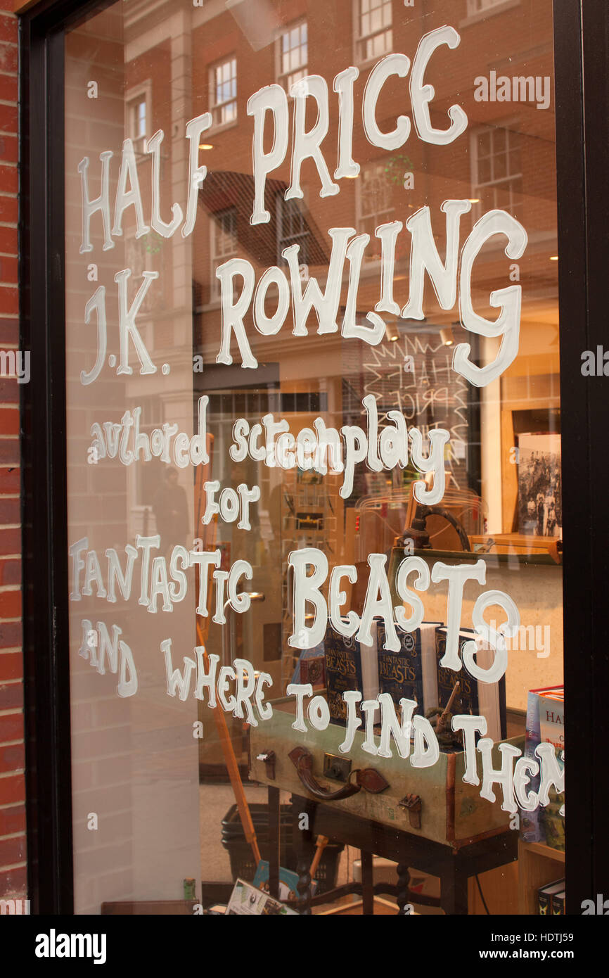 Bookstore in Canterbury, UK featuring half price for "Fantastic beasts and where to find them" screenplay by J. K. Rowling Stock Photo