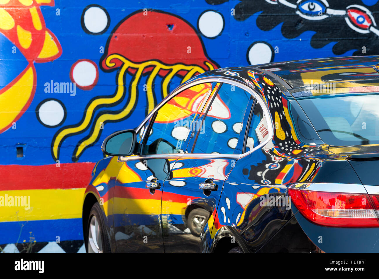 Mural and reflection on car, Olympia, Washington Stock Photo Alamy