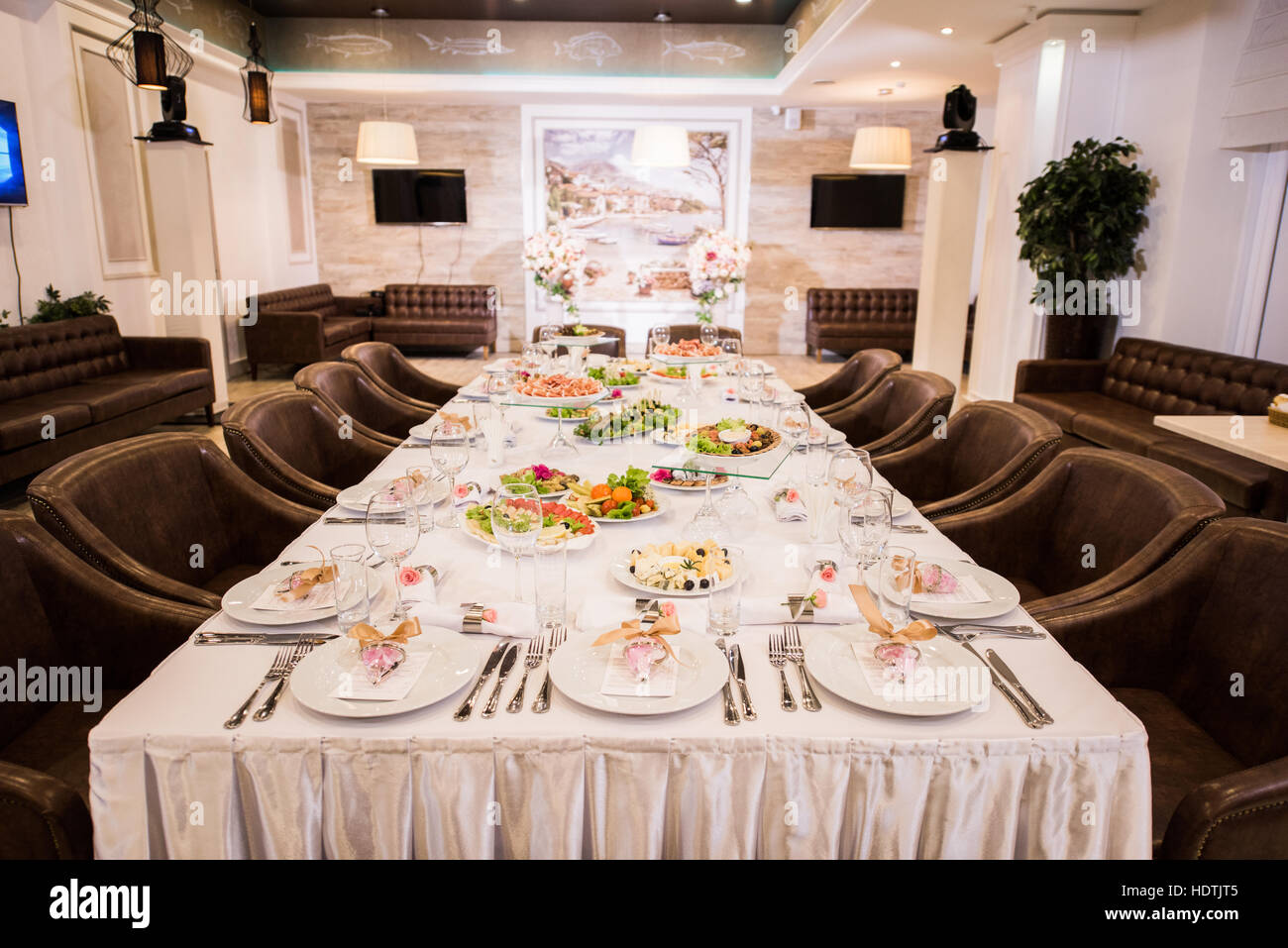 Beautifully organized event - served banquet table ready for guests Stock Photo