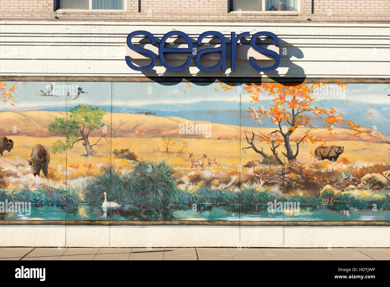 Wildlife mural, by Bill Ross and Jan Sovak, on the Sears building in Toppenish, a town in Central Washington known for it's murals. Stock Photo