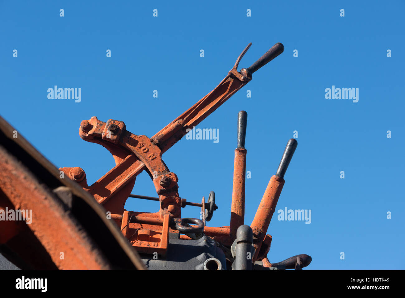 Controls of a vintage thresher at the Northern Pacific Railway Museum in Toppenish, Washington. Stock Photo