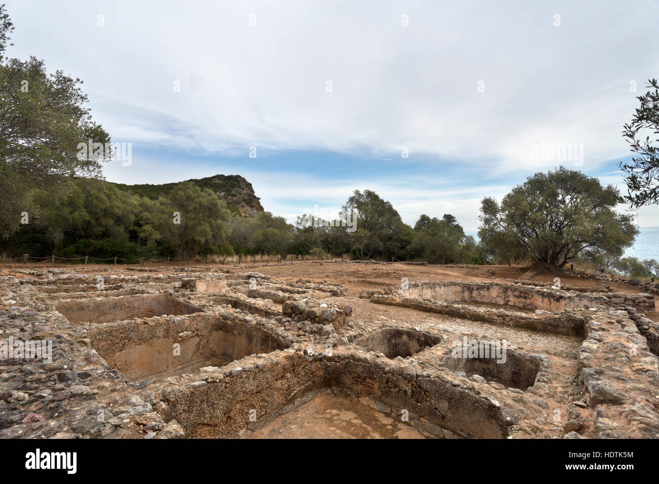 View of the ruins of a 1st century AD Roman fish salting plant near the Creiro beach, in Arrabida Mountain, Portugal Stock Photo