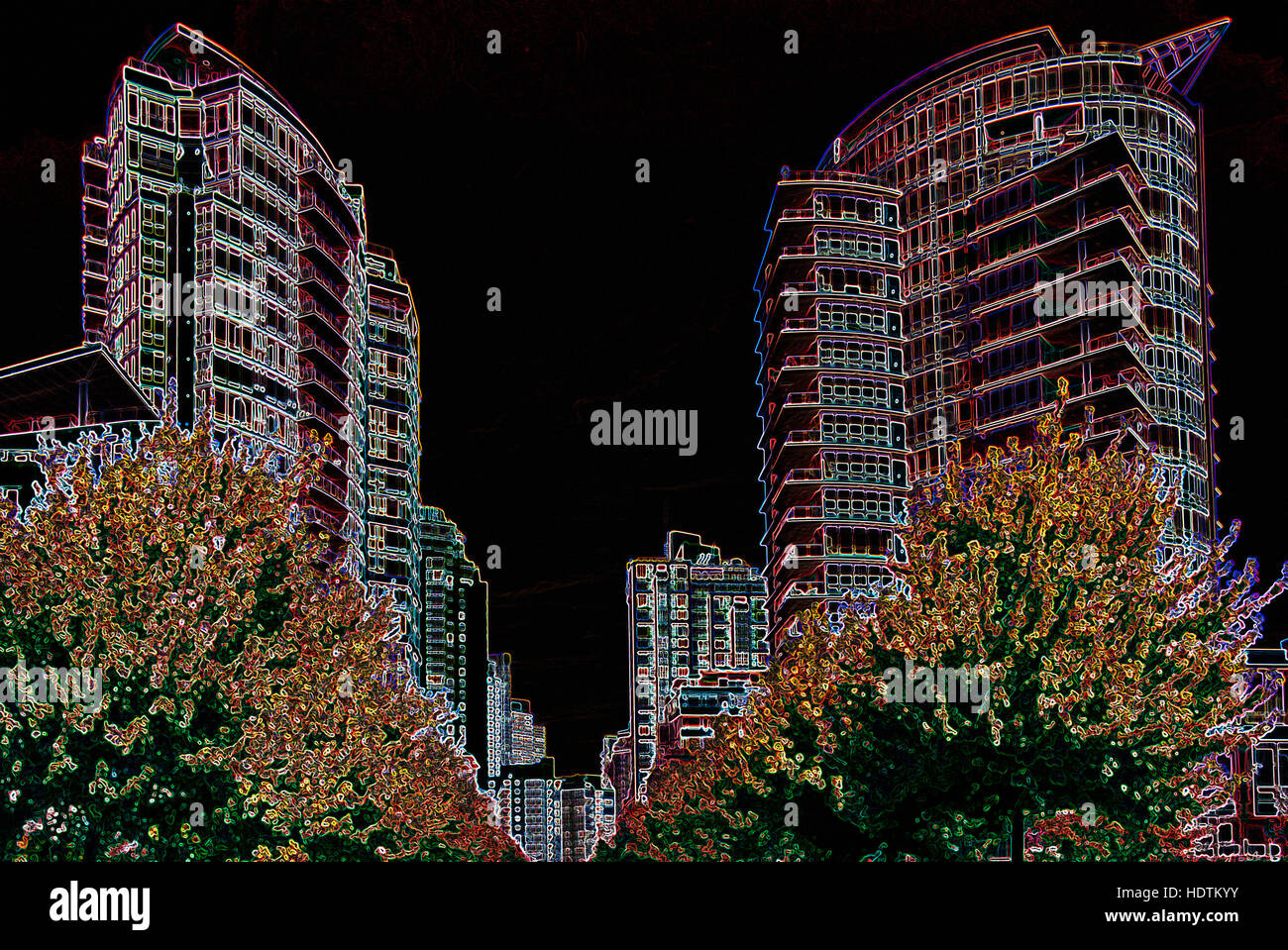 Highrise Buildings - Digitally Manipulated Image with Glowing Edges, Abstract Cityscape and Architecture on a Black Background Stock Photo