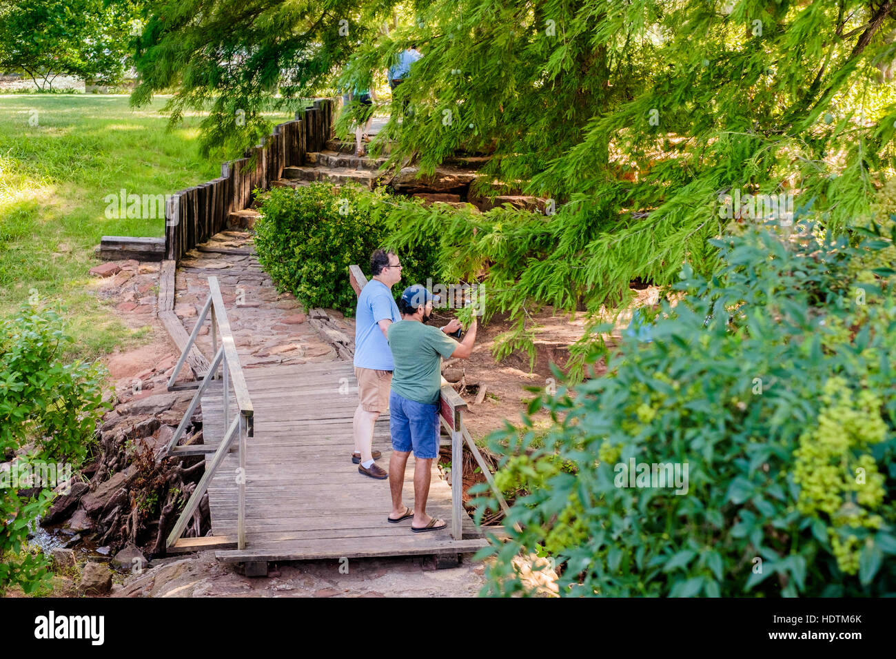 Two men stand on a footbridge while one takes a picture with his phone in a public garden in Oklahoma City, Oklahoma, USA. Stock Photo