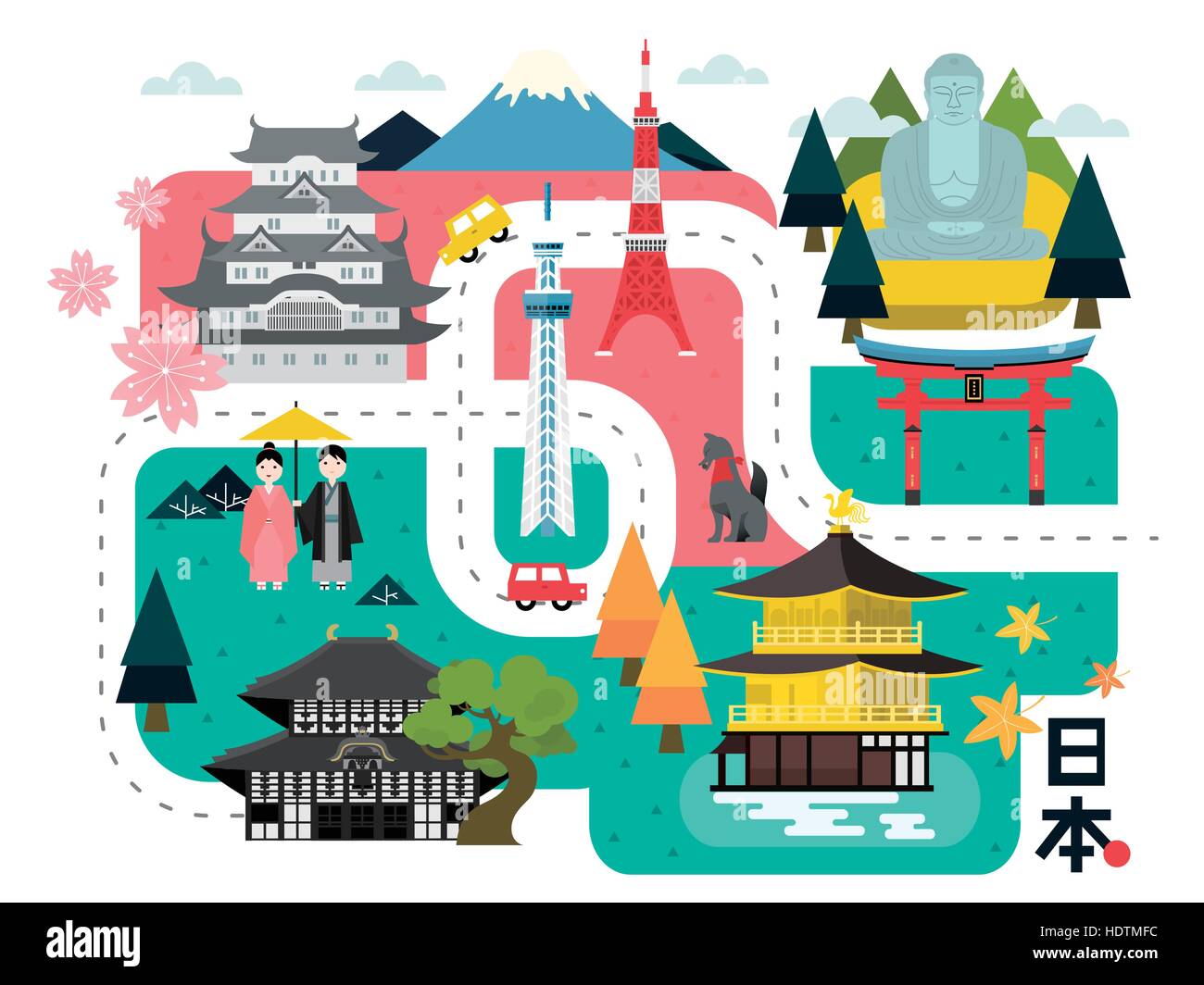 adorable Japan walking map - Japan country name in Japanese words Stock Vector