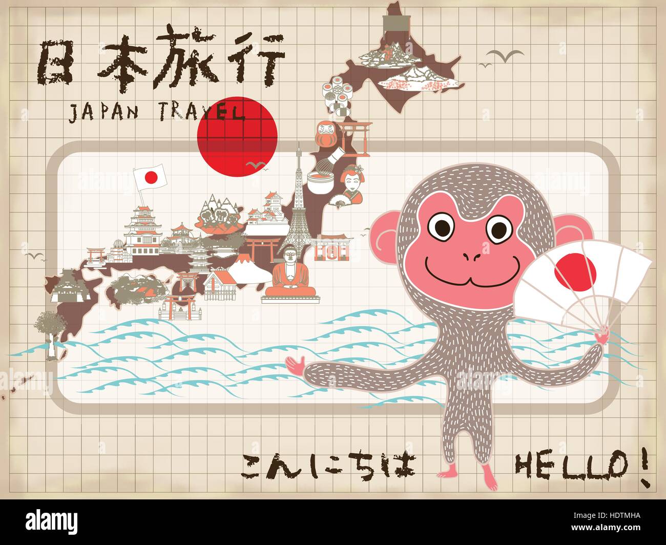 adorable Japan travel poster with cartoon monkey - Japan travel and Hello in Japanese words Stock Vector
