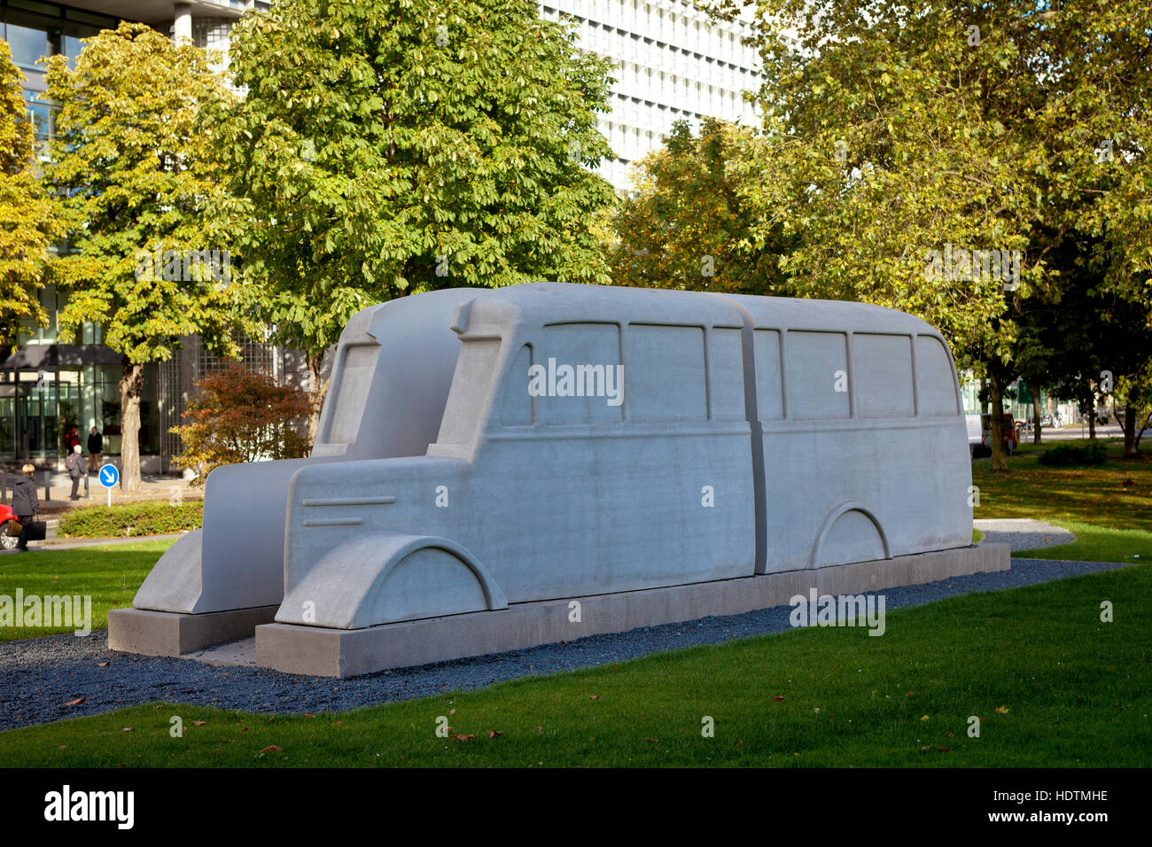 Germany, Cologne, Monument of the Grey Buses in front of the Landeshaus building in the district Deutz Stock Photo