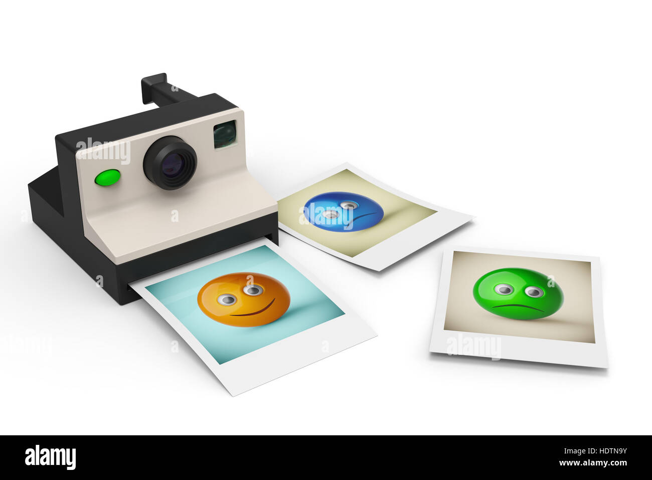 simple instant photo camera with smiley symbol photos 3d render Stock Photo