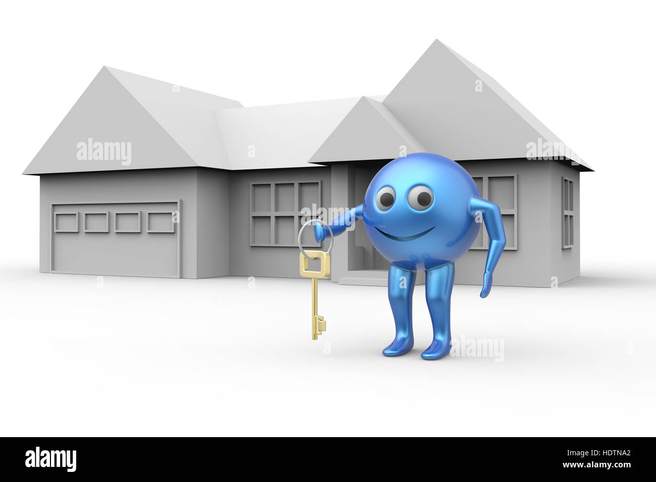 House and 3d ball shape smiley symbol with key 3d render Stock Photo