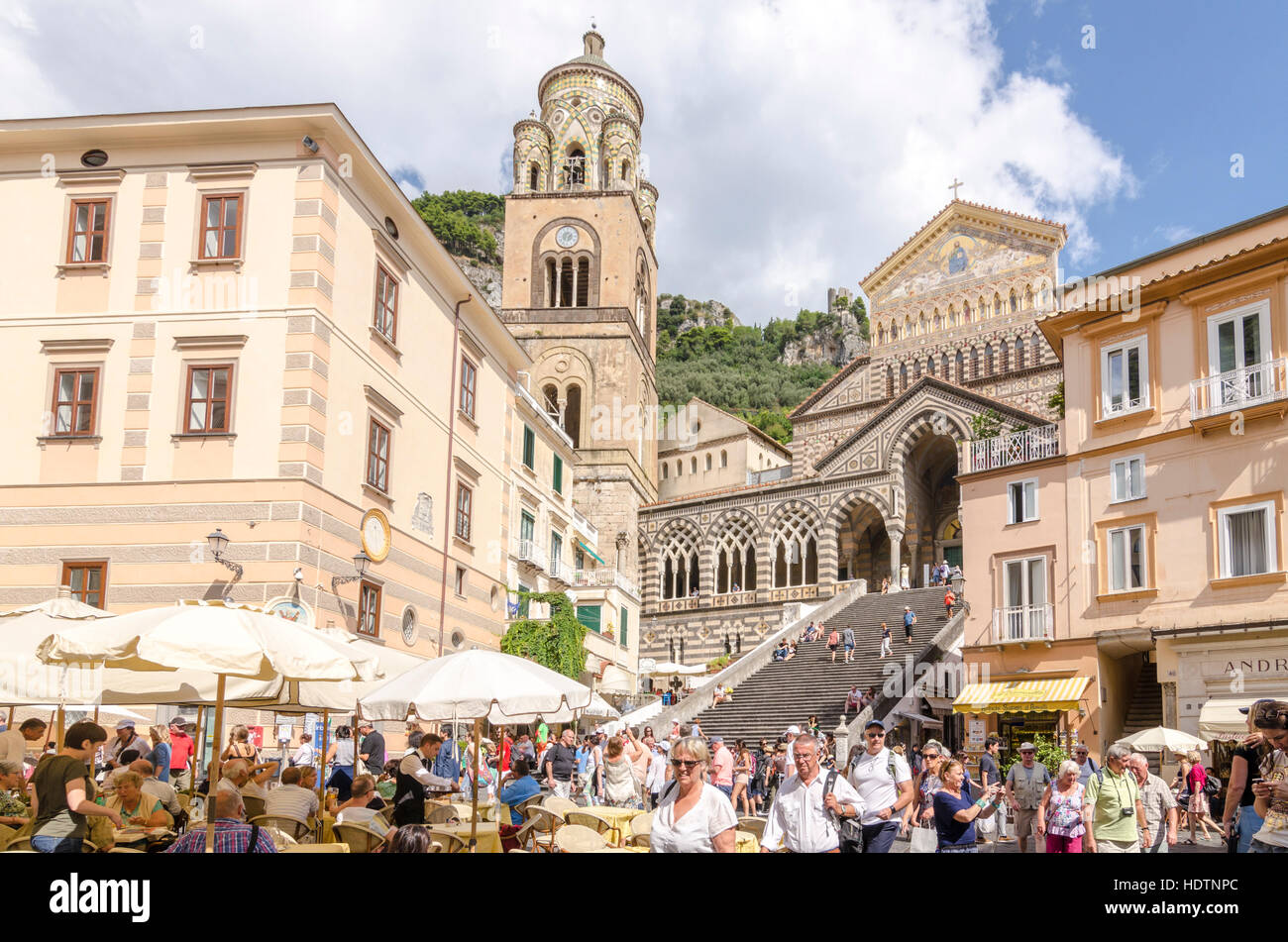 Amalfi Cathedral, Duomo di Amalfi. Tourists and visitors at the historic tourist attraction on the Amalfi Coast, Italy Stock Photo