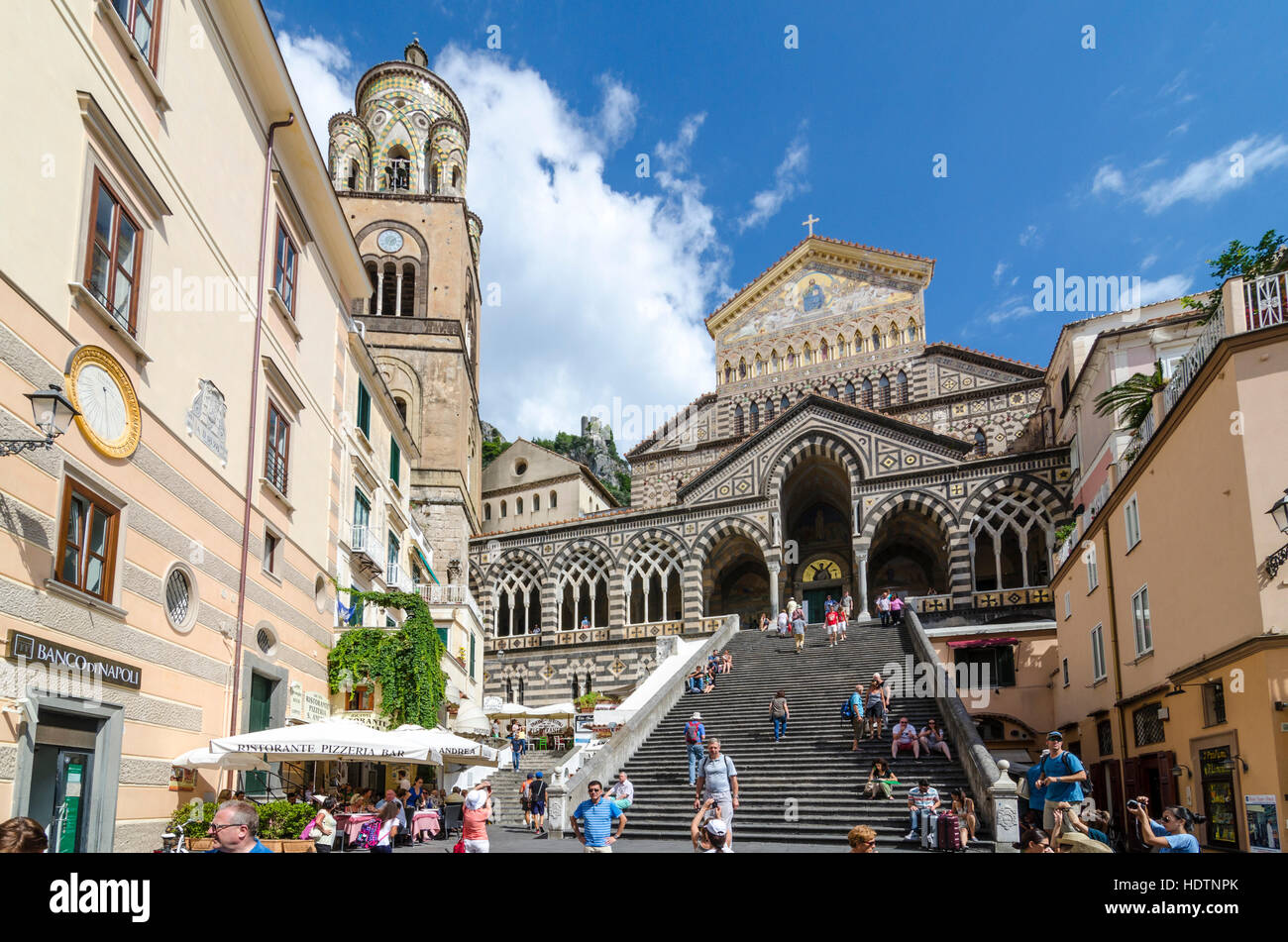 Amalfi Cathedral, Duomo di Amalfi. Tourists and visitors at the historic tourist attraction on the Amalfi Coast, Italy Stock Photo